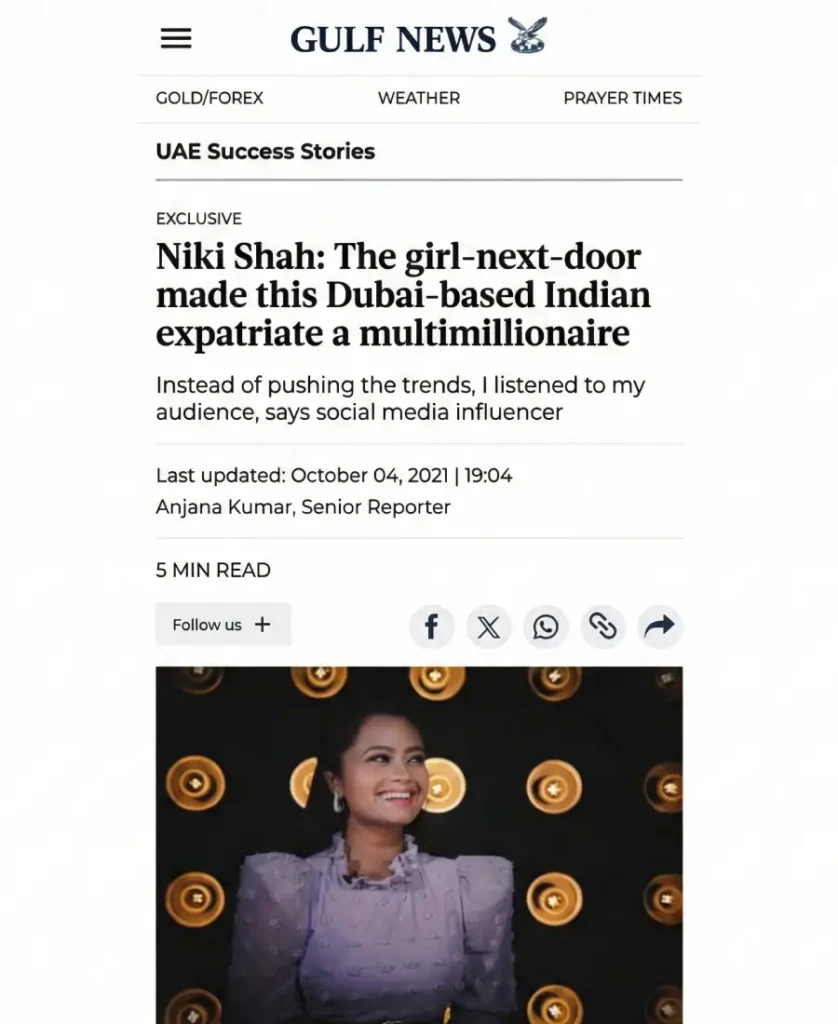 Gulf News feature on Niki Shah Indian influencer in the UAE
